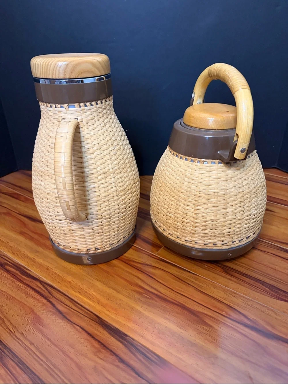 Vintage Zojirushi/Corning Rattan Thermal Carafe & Kettle Set - MCM Showa Retro